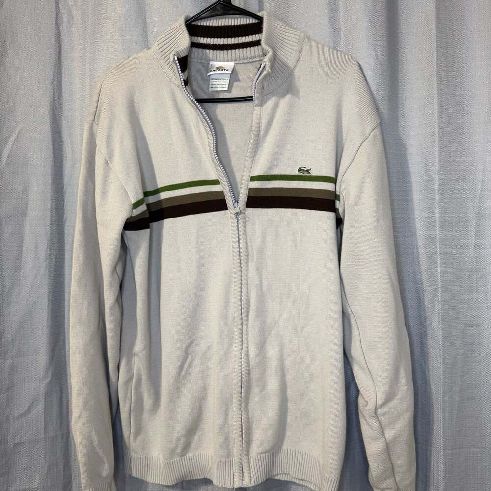 Lacoste Full Zip Sweater Size 7 Striped Mock Neck